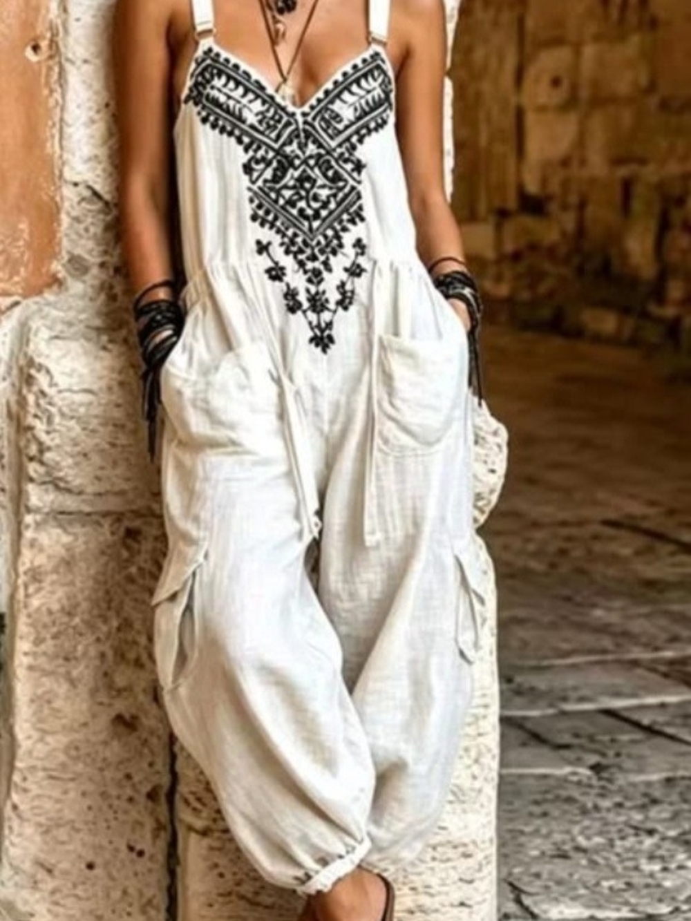 Women's White Embroidered (( Look ))) Sleeveless Boho Jumpsuit